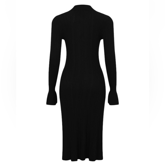 RIVIR Black Button-Down Midi Dress Ribbed Flute Sleeve S M L holiday - Picture 2 of 8